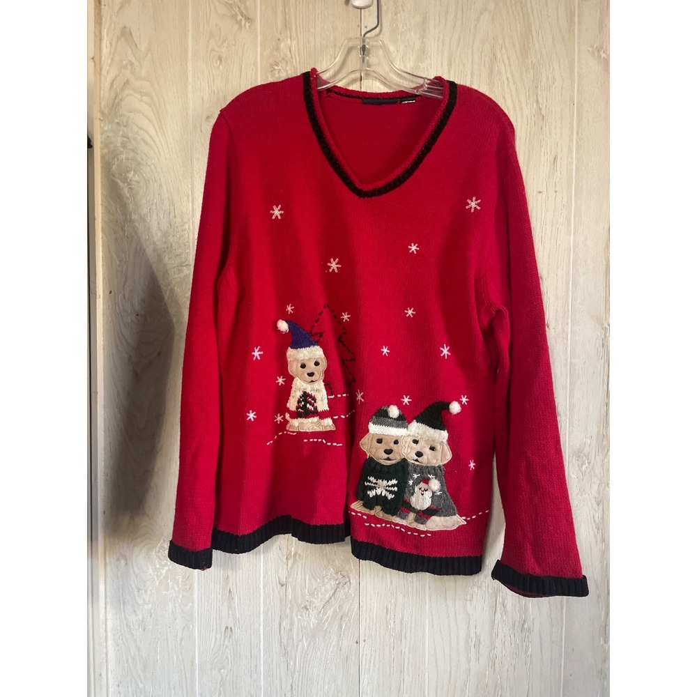 VTG 90s Christmas 3D Sweater Women Medium Knit Granny Dog Ugly Holiday Party Y2K